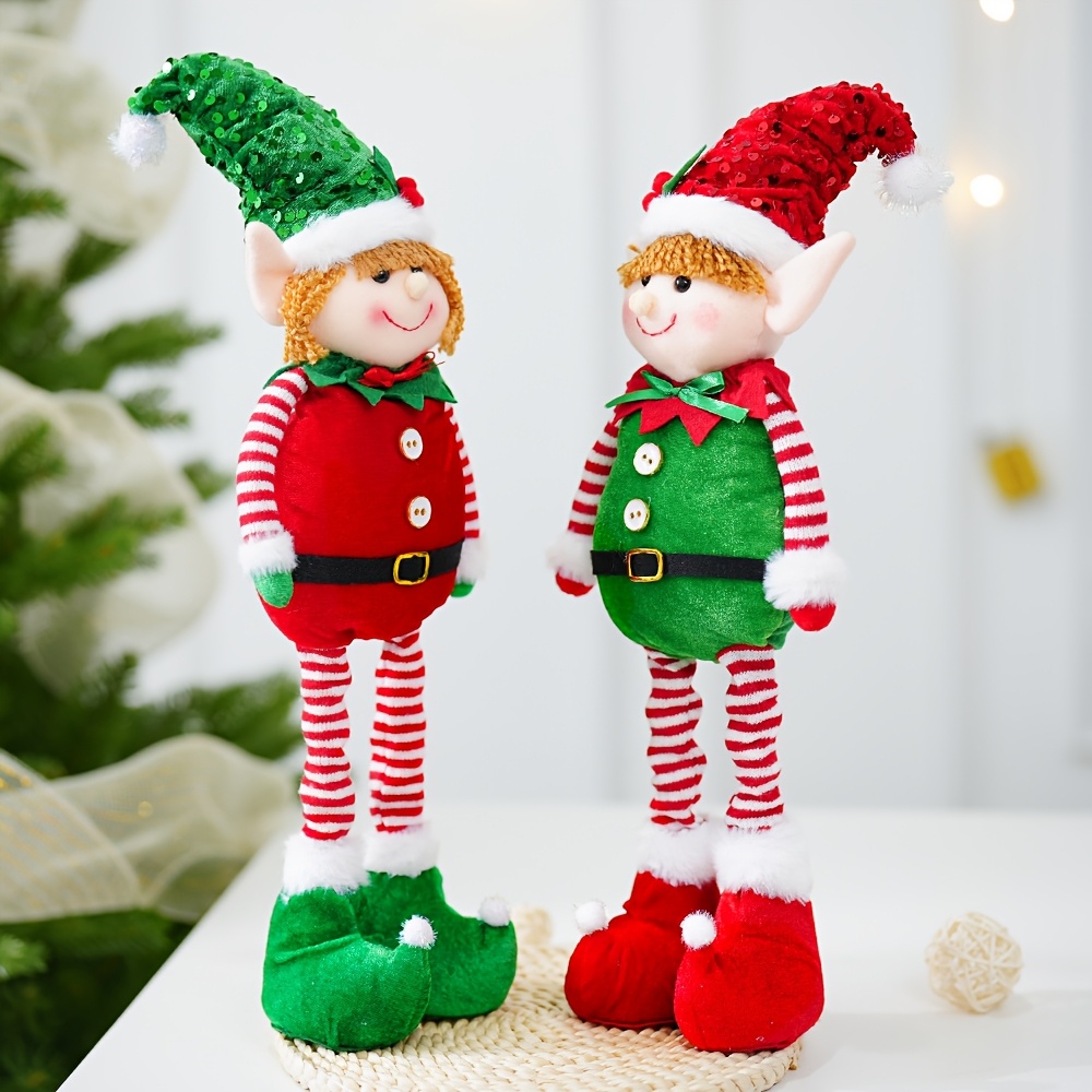 TEMU 2pcs Adjustable Elf Decorations - Customizable Height With Red & Green Striped Legs, Elf Hats - Fabric Tabletop Decor For Christmas, Halloween,