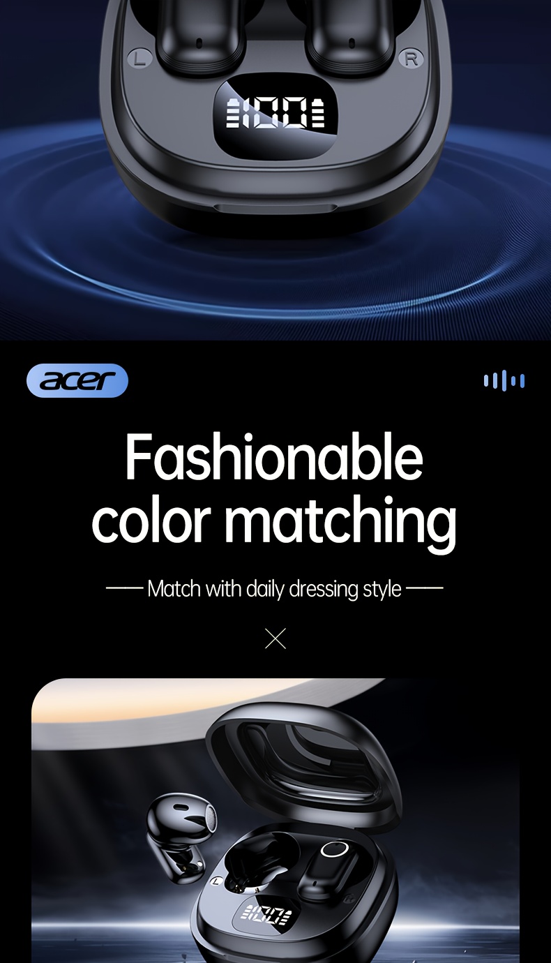 ACER TWS Wireless Earbuds with Deep Noise Reduction - 50h Long Standby, Low Latency, HIFI Stereo Sound, Touch Control, Rechargeable Lithium Battery, Ideal for Running & Sports, Sports Headphones|Ergonomic Design|Durable Plastic