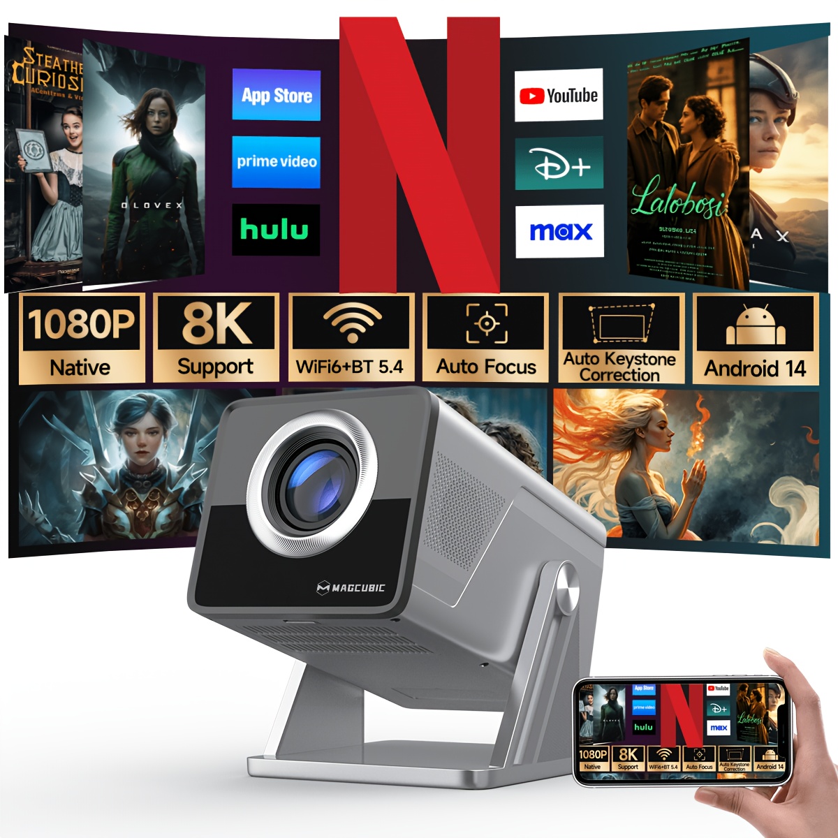E-shop Magcubic X7 Smart Projektor mit Native 1080P Unterstützung, 8K Dekodierung, Autofokus WiFi6 Wireless 5.4 mit 180° Flexibler Rotation 1,08:1