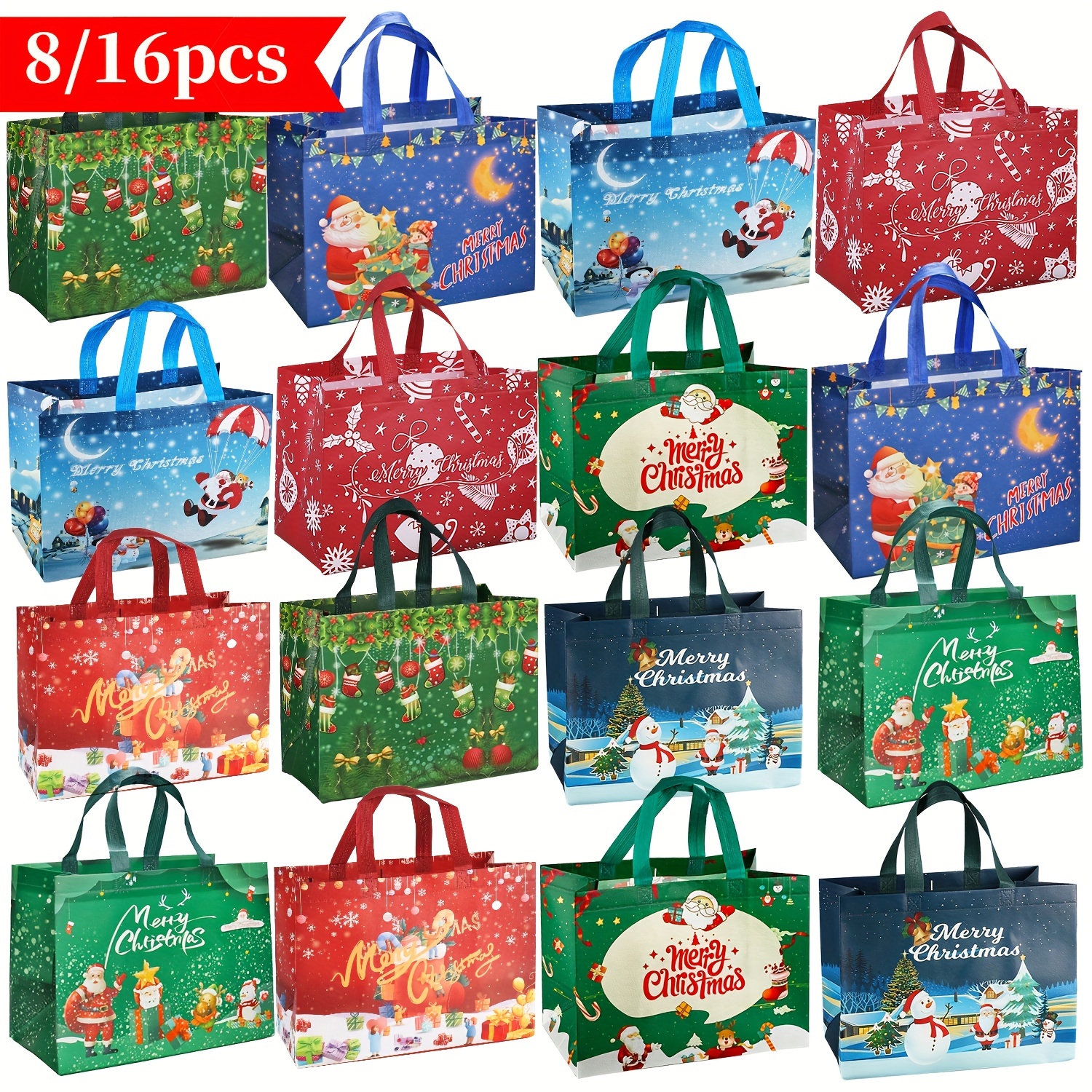 8 16pcs large reusable christmas gift bags with handles festive santa snowman   durable non woven fabric shopping totes for holiday decor new year christmas parties 12   8 x6 7 christmas bags