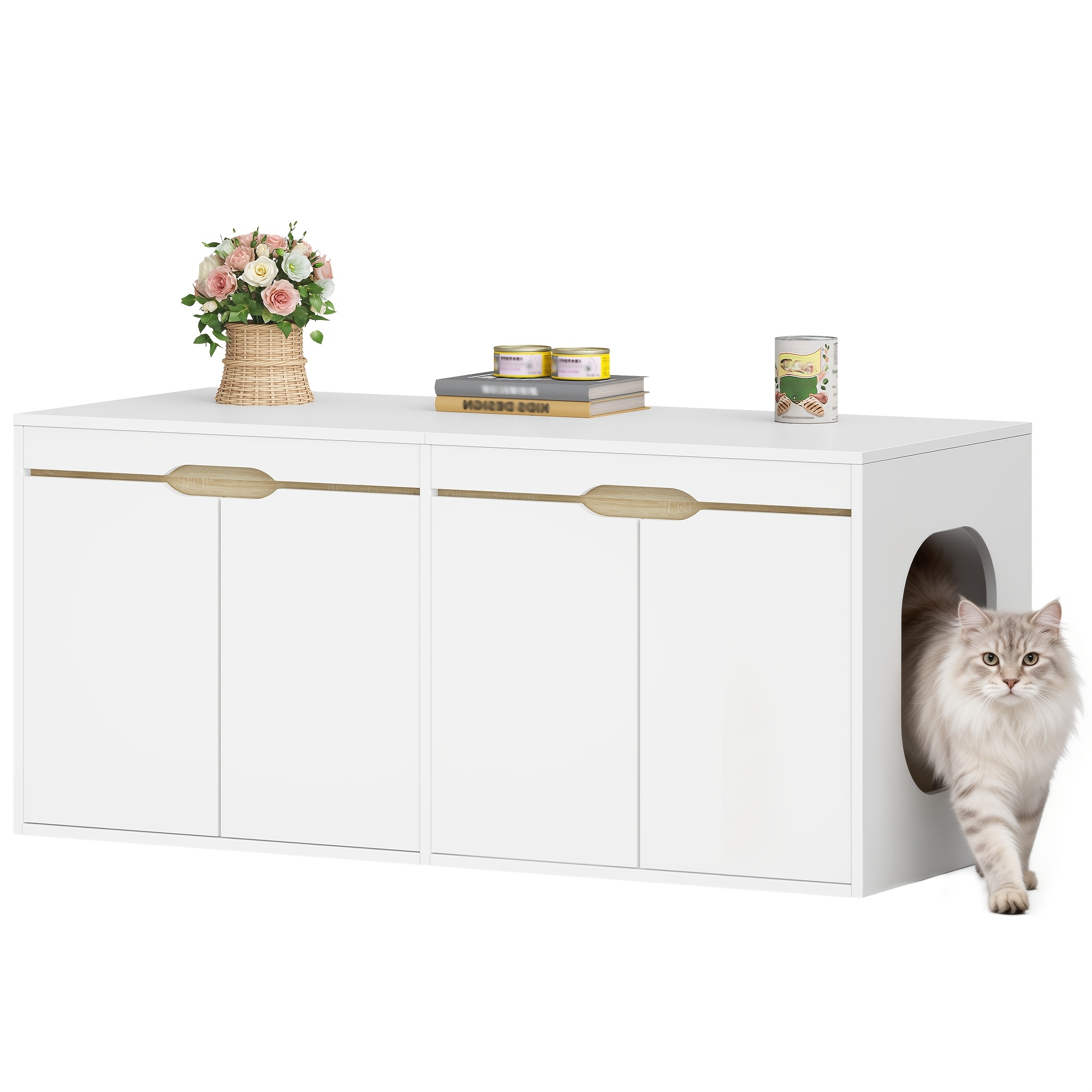 Cat Litter Box Cabinet, Cat Cabinet For 2 Cats, Cat Toilet With Door, For Cats, Double Door, Side Table, 120 X 50 X 53.4cm, White Oak And White