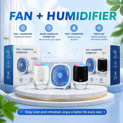 Portable Cooling Fan And Mini Humidifier Combo, USB Desk Fan And Humidifier with Night Light, Quiet Personal Air Fan And Mist Humidifier for Indoor Use, Gift Box Not Included