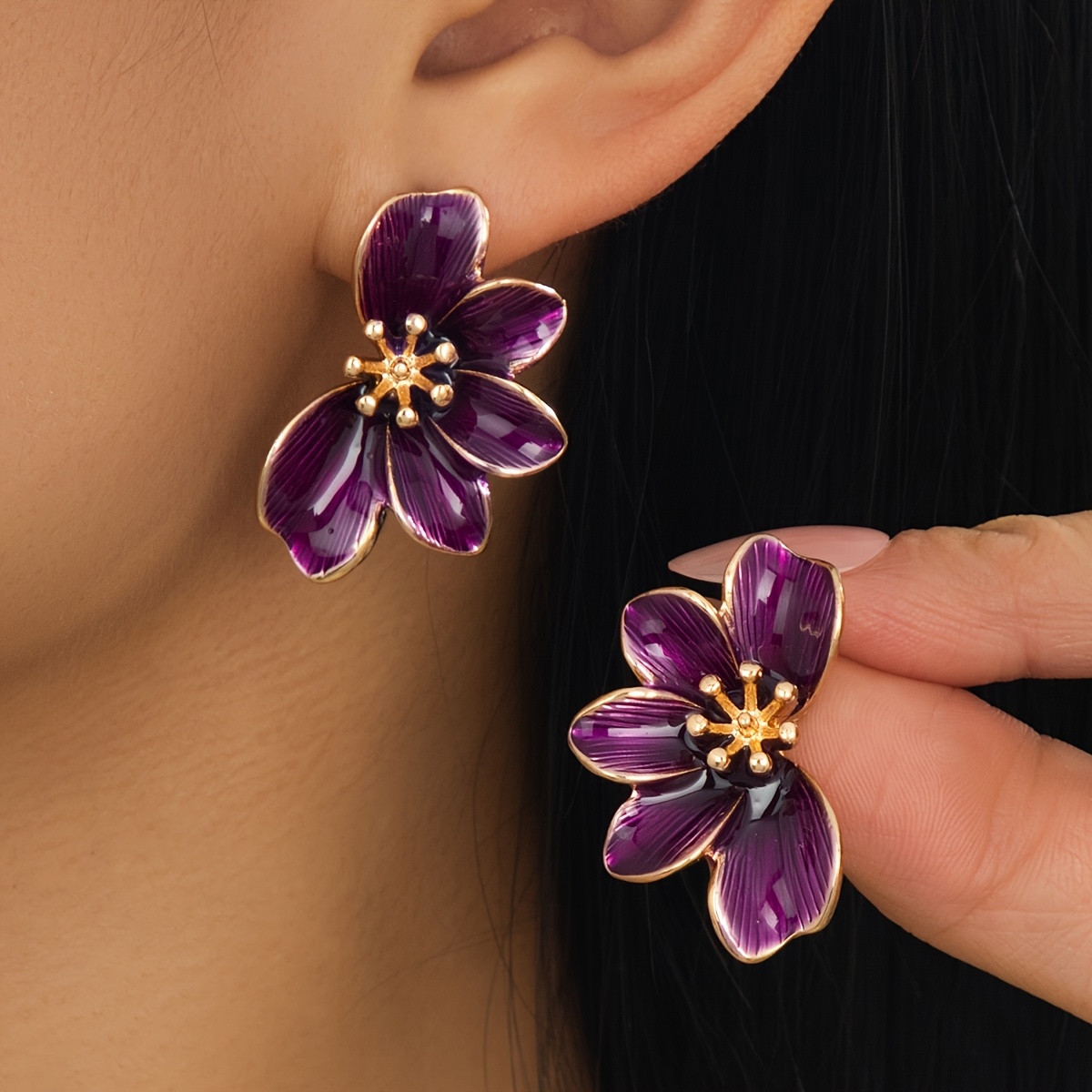 TEMU Une paire de boucles d'oreilles florales pour femmes, luxueuses, d'été, avec de nouveaux designs, niché, faites à , à l'huile, violette brossée,