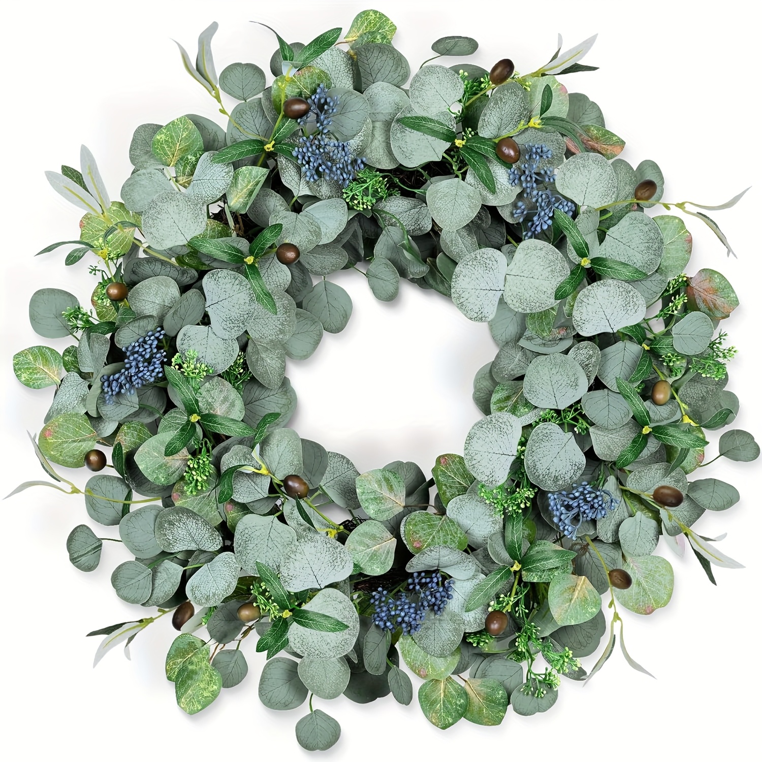 

20-inch Handmade Eucalyptus Wreath With Olive Leaves And Berries, Green Front Door Decor For Indoor And Outdoor Use, Weddings And Holidays, , Eucalyptus