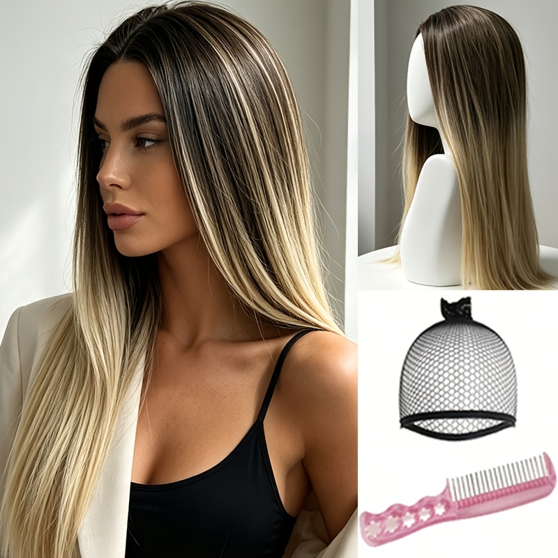 TEMU Elegant 26-inch Ombre Women's Long Straight Hair Wig With Center Parting Style, And Stylish Blonde Highlights Synthetic Fiber Wig, Comes With A