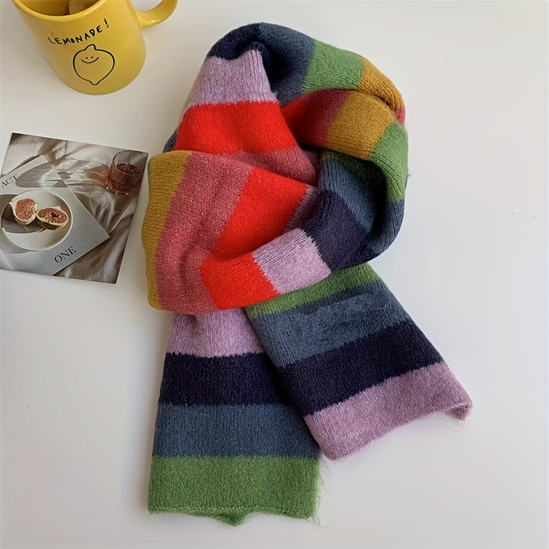 1pc, Fashion Rainbow Stripes Scarf Men And Women Winter Colour Blocking Warm Scarf Woman Outdoor Cold Resistant Short Scarf