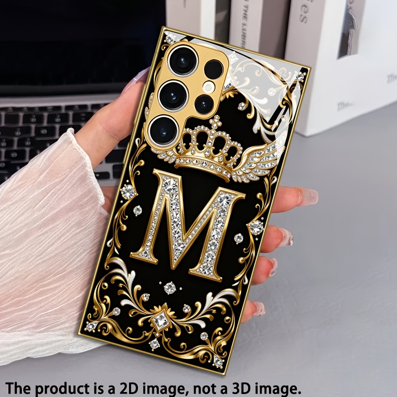 TEMU Phone Case - 2d Flat Premium Luxurious Letter M Pattern Tempered Glass Phone Case, Compatible With Galaxy