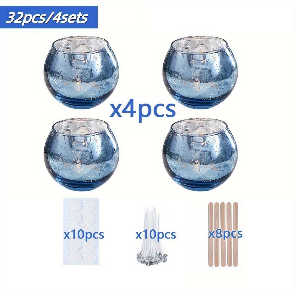 TEMU 32 pièces (4 bougeoirs et 28 pièces supplémentaires), équipé de 4 bougeoirs en verre électroplaqué bleu européen et de 28 pièces supplémentaires
