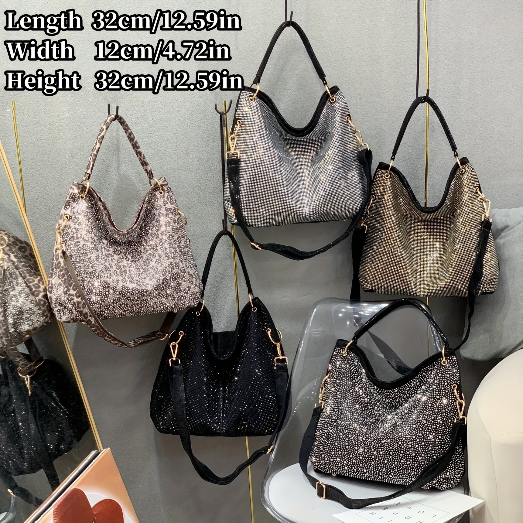 Women'S Tote with Sparkling Rhinestones & Leopard Print - Chic with Detachable Strap, Zipper Closure, Polyester Lining, Daily & Weekend Stylish Accessory