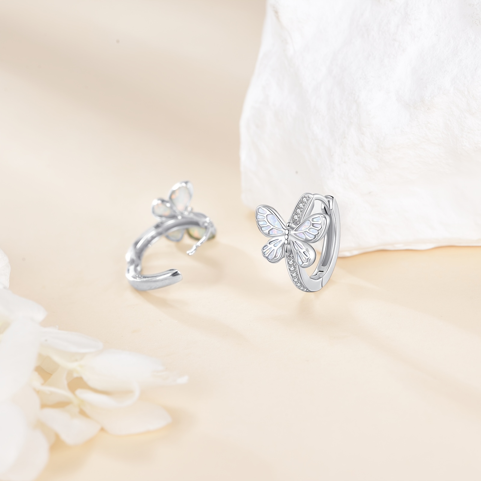 Women's Butterfly Hoop Earrings, Sterling Silver Opal Huggies