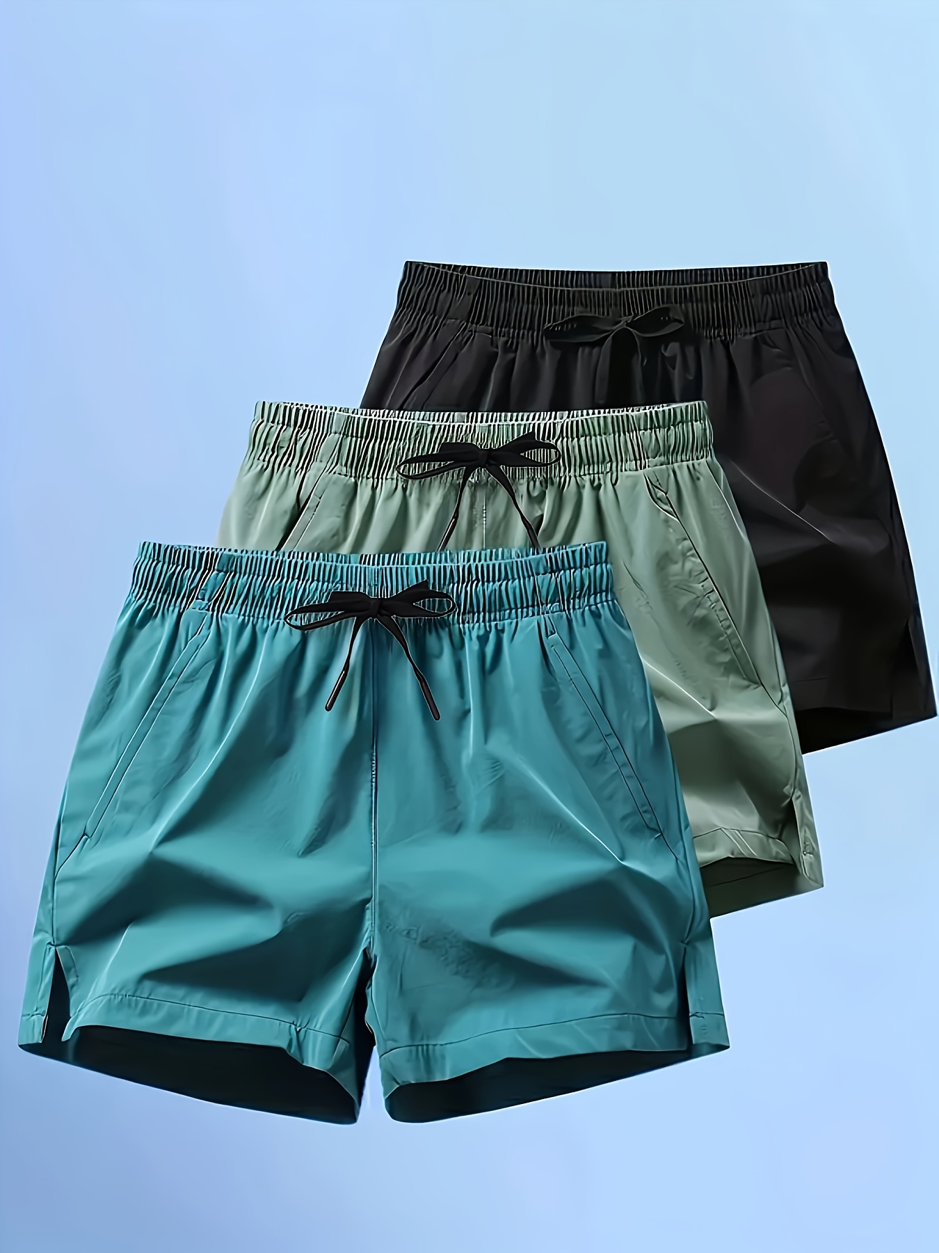 3pcs Maillots de Bain d'Été pour Hommes - 92% Polyester, Couleurs Unies (Sarcelle, Noir, Vert Olive), Taille Élastique avec Cordon de Serrage et Poches, Shorts de Sport Décontractés pour la Natation & les Activités de Plage, Vêtements d'Été | Design Simple et Uni | Poches Latérales