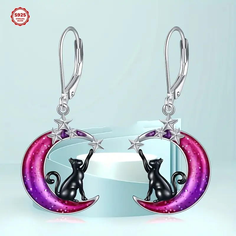colorful moon cat earrings 925 sterling   cat moon leverback dangle earrings Product details 2