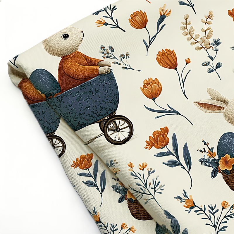 TEMU Artistic, Home - Decor, Diy Printed Handicraft Fabric, Pre - Cut, Featuring Rabbits Carrying Baskets Of Eggs And Sitting In Strollers Along With
