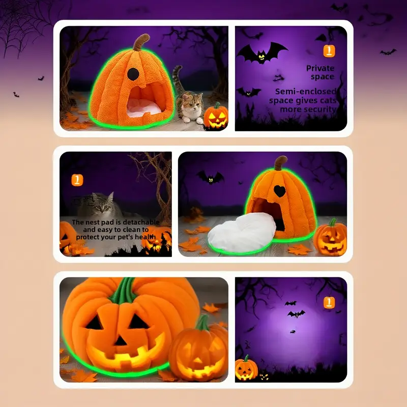 halloween pumpkin cat bed with removable mat soft and warm indoor tent for cats small dogs design mouth 4 season cozy shelter perfect halloween gift idea event accessory Product details 1