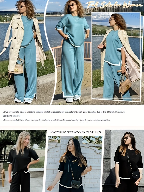 lounge sets for women 2 piece outfits knit short sleeve pullover   wide leg pants casual sweater sets tracksuits Product details 1