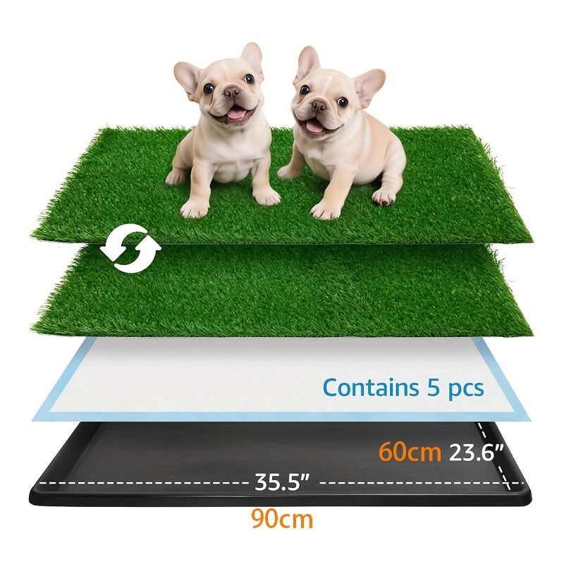 Image of Dog With Tray, 35.5" .6" Indoor Dog Potty Pics Replacement Artificial Grass Mats-5 Pics Disposable Puppy Pads, For Puppy Training Apartment, Balcony And Apartment Use