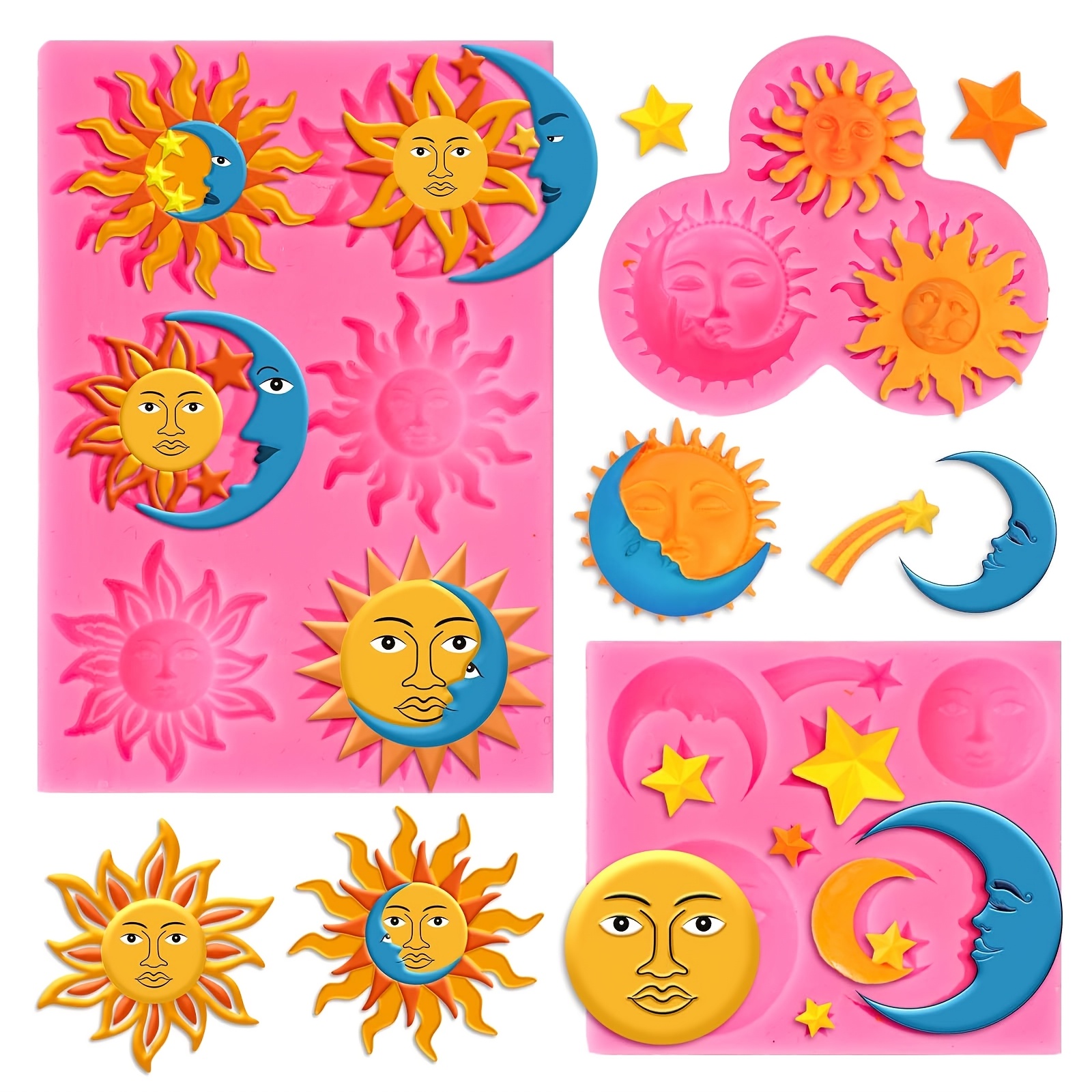 Image of Set Of 3 Silicone Molds For Cake Decorations Featuring The Sun And Moon, Greek Mythology, Suitable For Candies, Mousses, Kitchen Baking, Cupcake Decorations, Modeling Clay, And Plaster