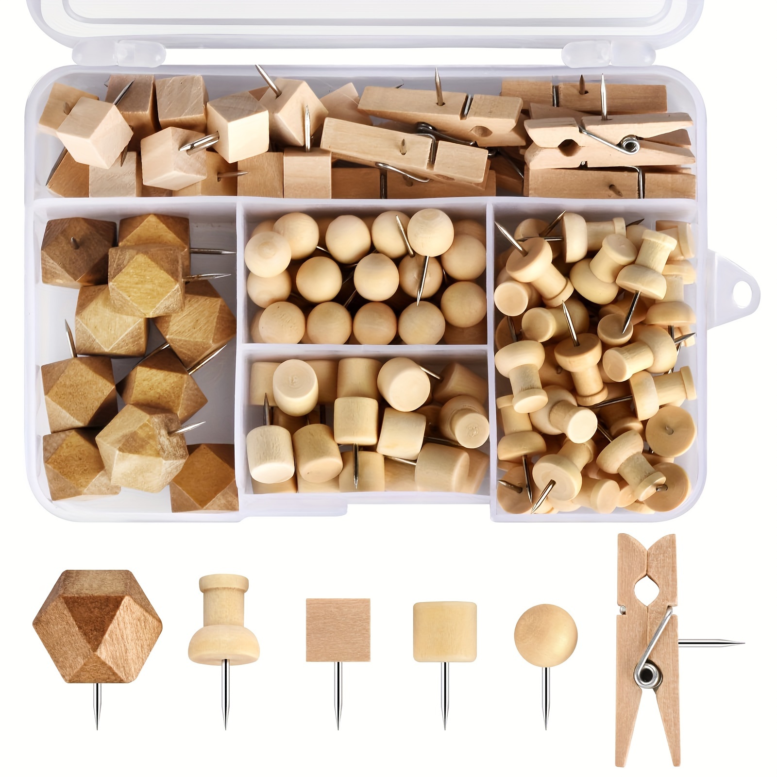 Image of Set Of 128 Wooden Push Pins, Decorative Thumb Tacks Suitable For Cork Boards, Tacks For Walls And Bulletin Boards, Map Pins Included, With A Storage Box
