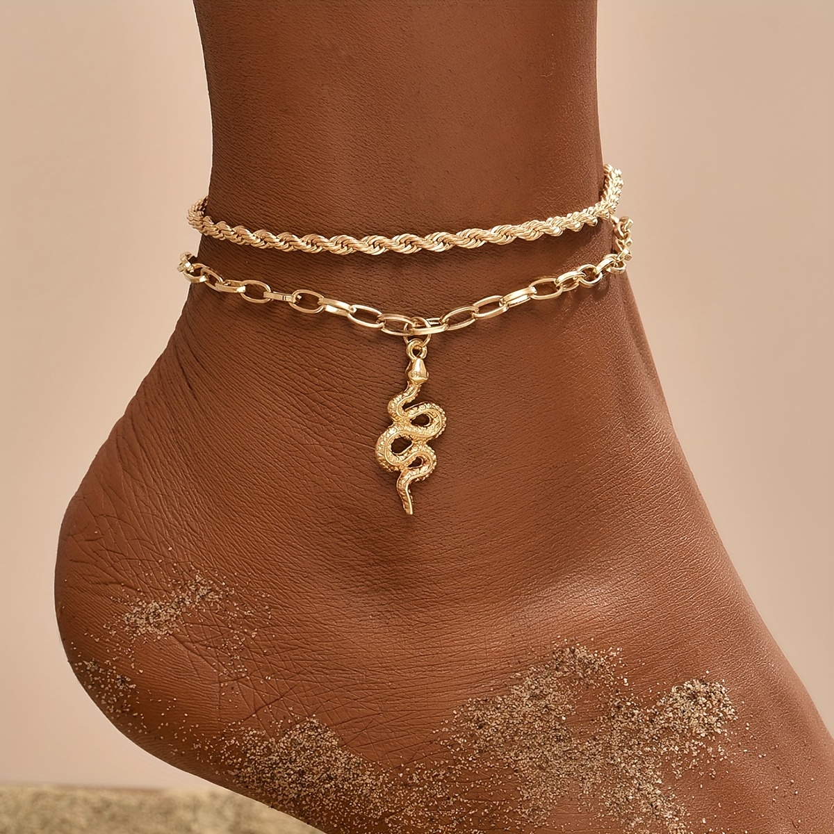 

2 Pcs/set Of Unique Snake Pendant Anklet Iron 14k Gold Plated Jewelry Vintage Bohemian Style Personality Gift