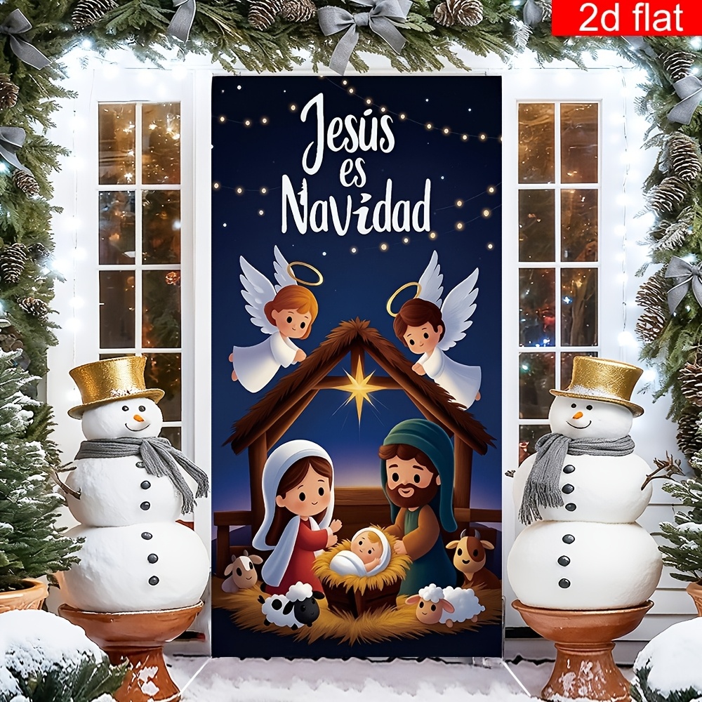 TEMU 2d Flat, 2d Flat - 2d Door Banner 2d Flat, 2d Flat - 2d Door Banner 2d Flat Banner, 1pc Spanish Christmas Banner Manger Nativity Scene Pattern