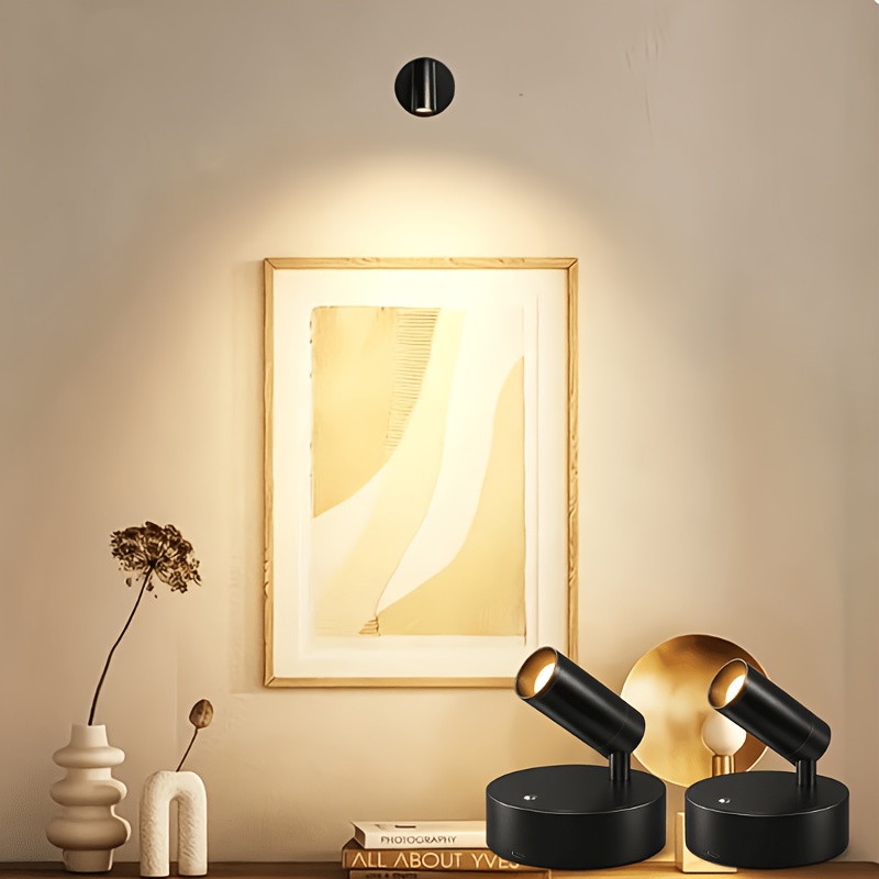 TEMU 2pcs Rechargeable Magnetic Led Spotlights Indoor, Usb Rechargeable, 3-color Dimmable, 350° Rotation, Battery Operated Light, Lights Suitable For