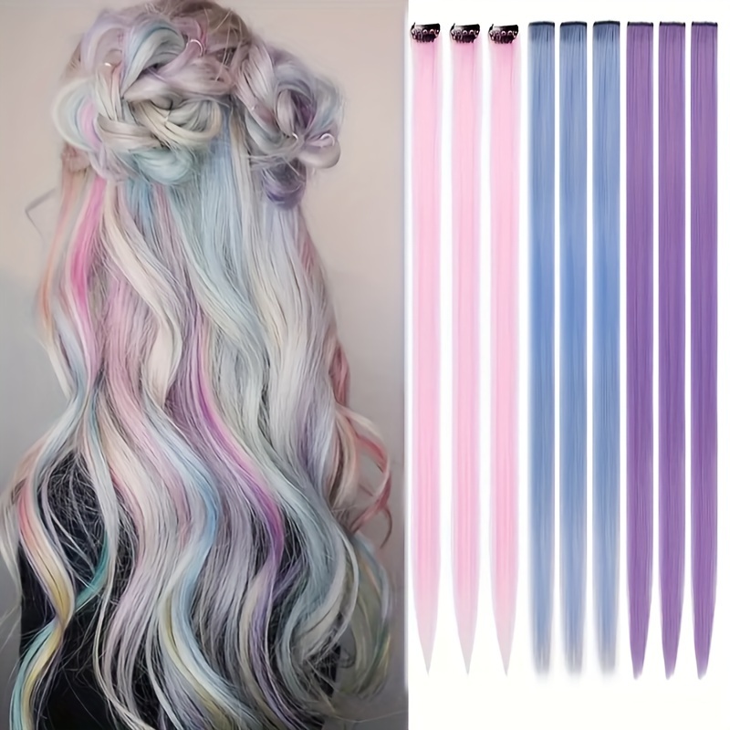 TEMU 22 Inch 9pcs Clip-in Colorful Hair Extensions Set - Bright Highlighted Synthetic Straight Hair Clips For All, Easy To Comb, Parties, Festivals,