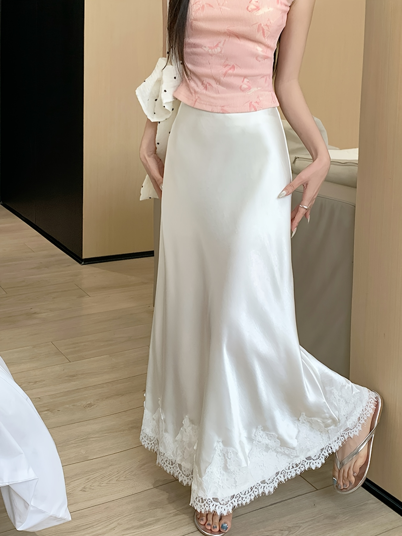Satin Skirt Long White Lace Skirt And Top Elegant High Waisted A Line Skirt  Lace Trim Flowy Satin Temu Finland