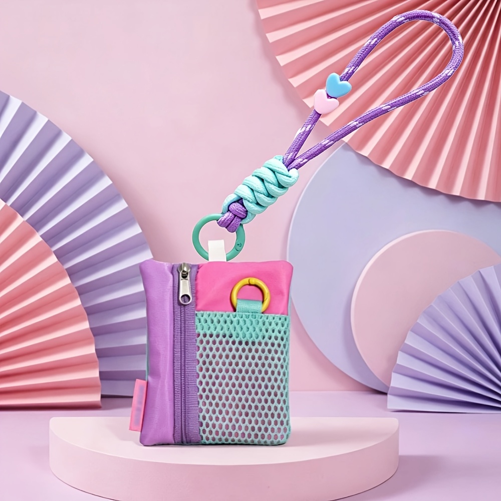 TEMU 2pcs Set: 1 Color- Mesh Mini Coin Purse With Colorful Knotted Keychain Lanyard, Portable Zippered Small Card Holder Wallet, Lightweight Key