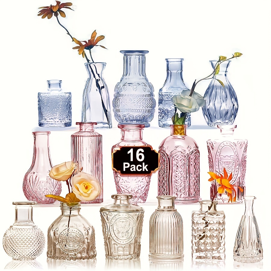 

16pcs Boho Chic Glass Bud Vase Set - , Vintage-inspired Floral Centerpieces For Weddings & Home Decor