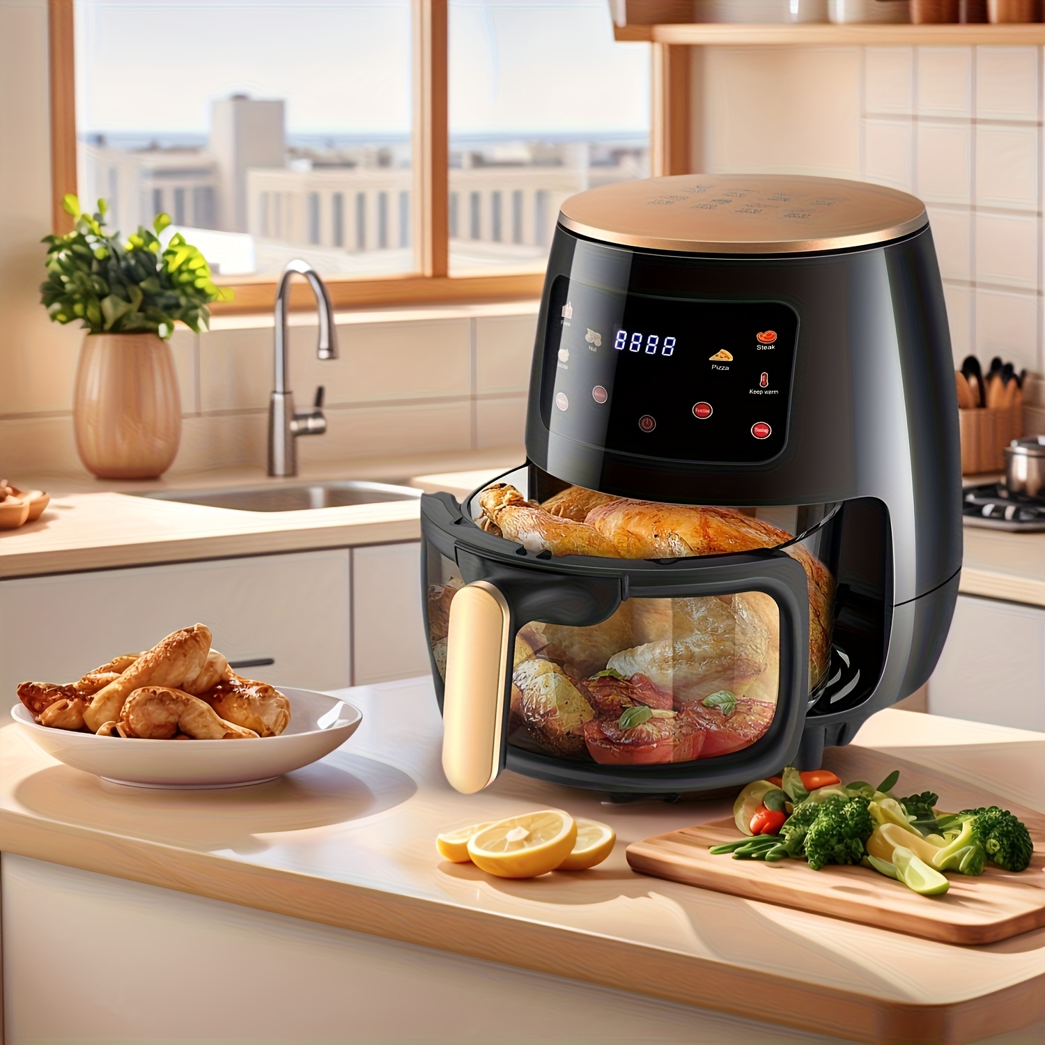 E-shop 6,1L Fritteuse, 6 Touch-Voreinstellungen, leicht zu reinigen, gesundes und ölfreies Frittieren, digitale, platzsparende, kompakte Fritteuse mit