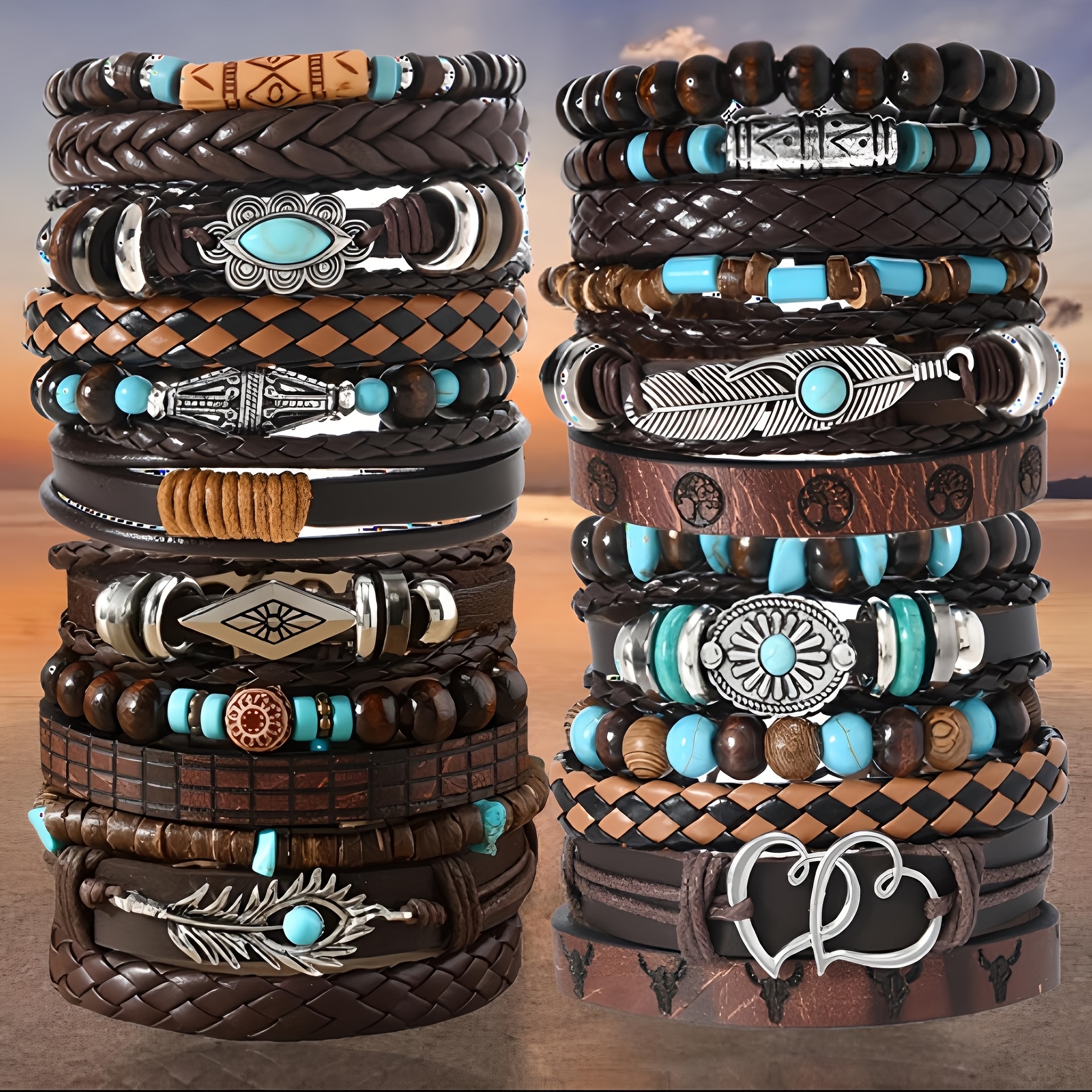 TEMU Gift For Her/him A 24pcs Bracelet Collection In Western Style Featuring Heart Charms, Coconut Shell Beads, And Elastic Faux Leather Bands
