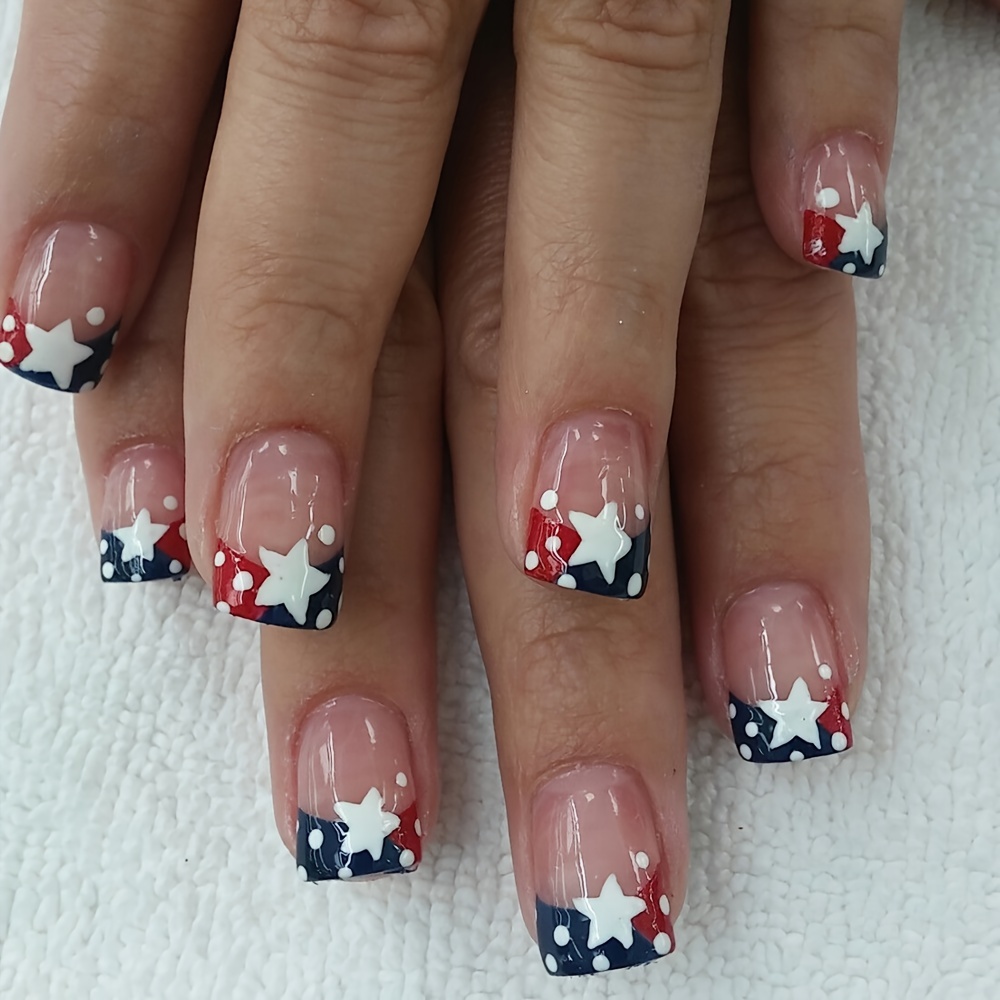 

24pcs Patriotic Press-on Nails Set - Short Square, With Stars And Polka Dots Design, Glossy For Celebration, Colorful, Removable