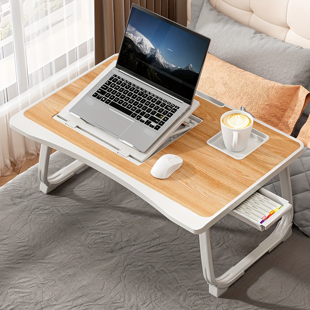 TEMU Foldable Portable Bedside Laptop Desk With 6-speed Adjustable Height - Bed Table Suitable For,, S - Compact Bed Desk With Cup Holder & Storage