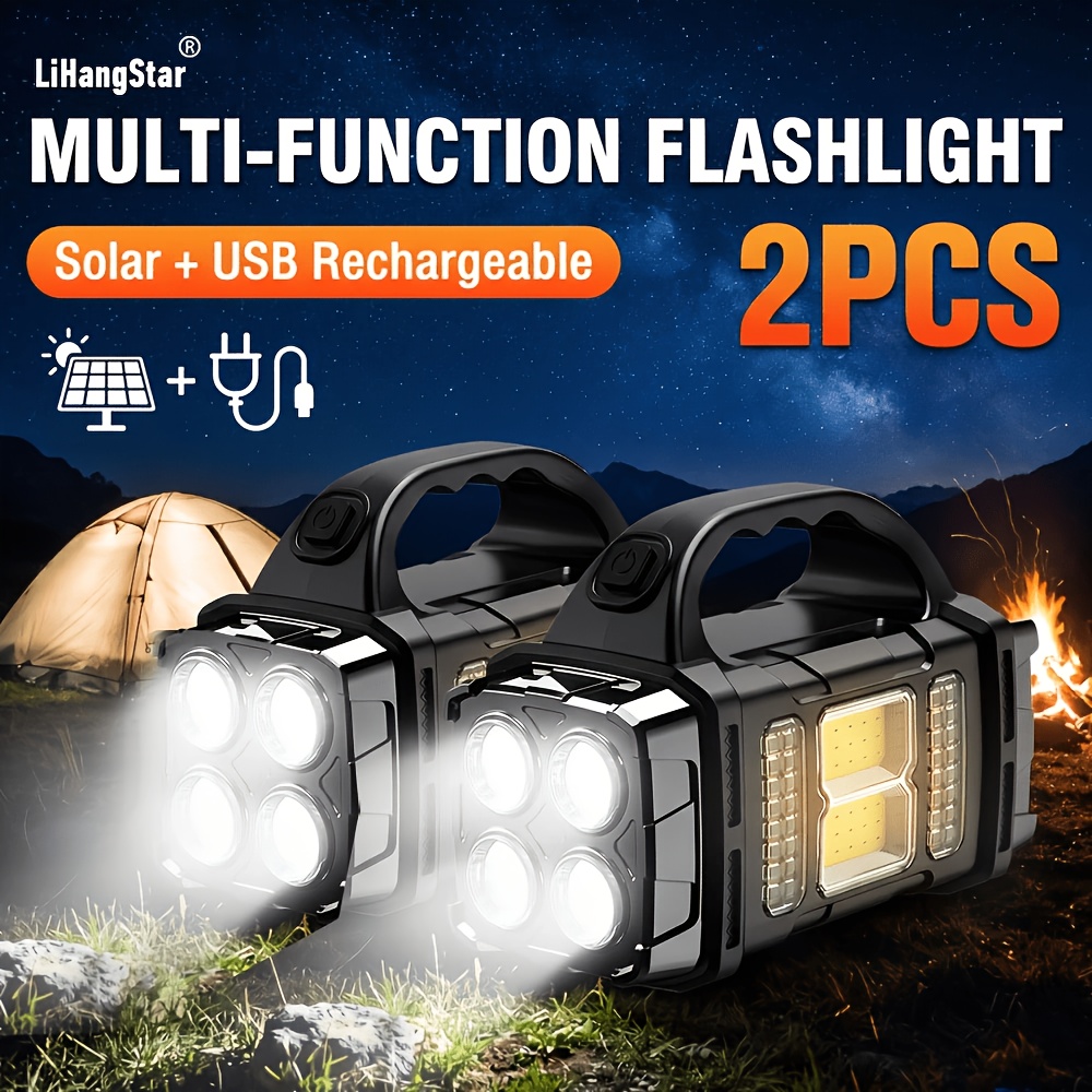 TEMU Lihangstar 2pcs Handheld Spotlight, Ip44 Multifunctional Outdoor Searchlight, Supports Usb Charging And Solar Charging, With Cob Side Light,
