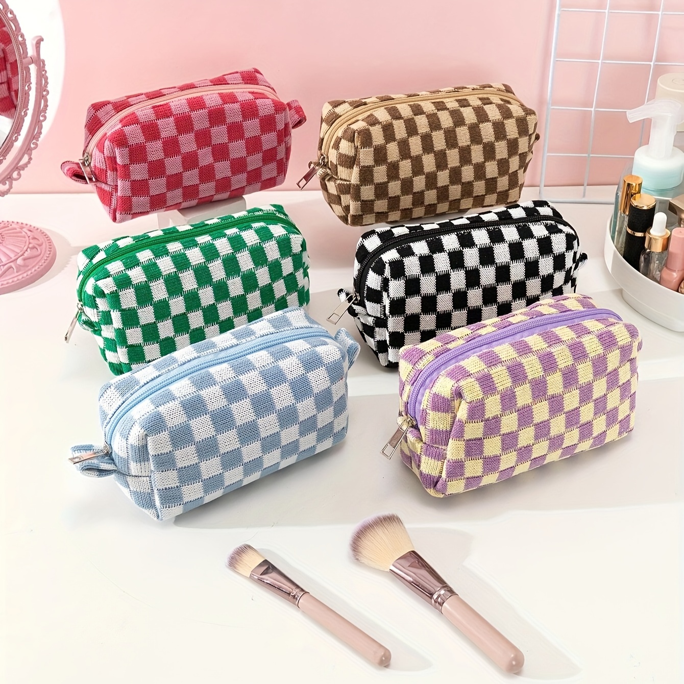 

6 Colorful Checkered Knit Cosmetic Bags - Large Capacity, Portable, And Perfect For Organizing Your Makeup And Beauty Tools - Aerocandy