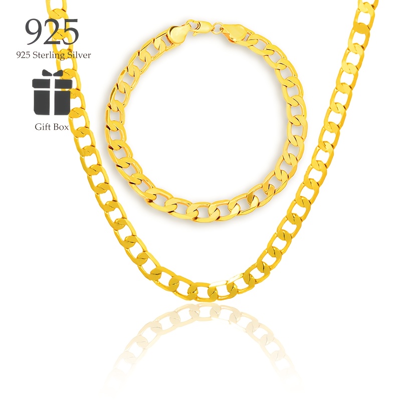 Image of 925 Silver Cuban Link Bracelet And Necklace Set, Street Hip-hop , Perfect For Christmas, Valentine's Day, Anniversary Gifts, With Exquisite Gift Box Packaging