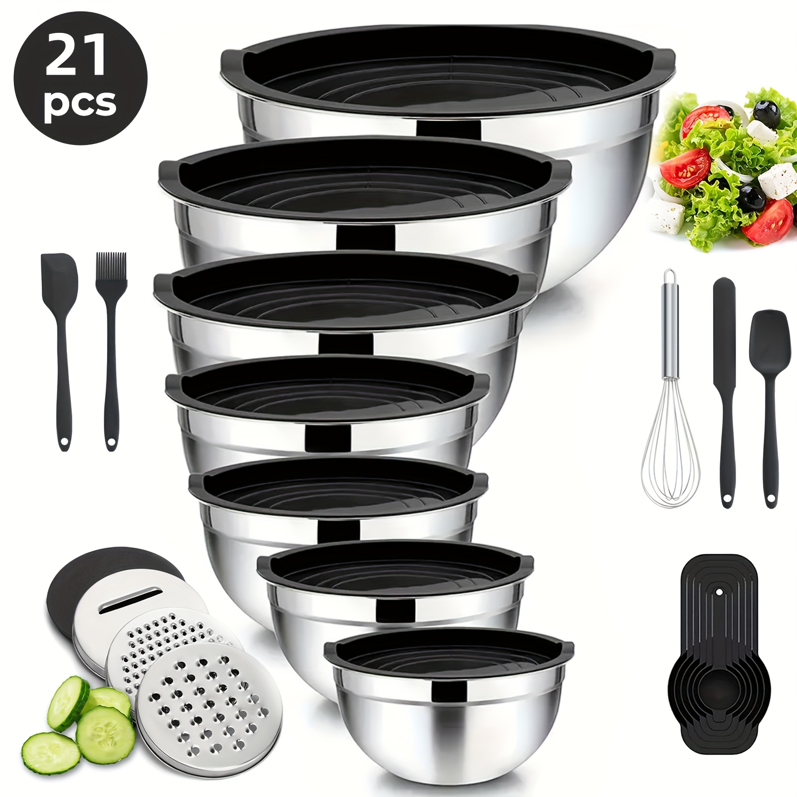 TEMU A Collection Of 21 Salad Bowls With Lids, 7 Stainless Steel Mixing Bowls, 3 Stirring Knives, 6 Measuring Spoons, And 5 Useful Kitchen Gadgets.