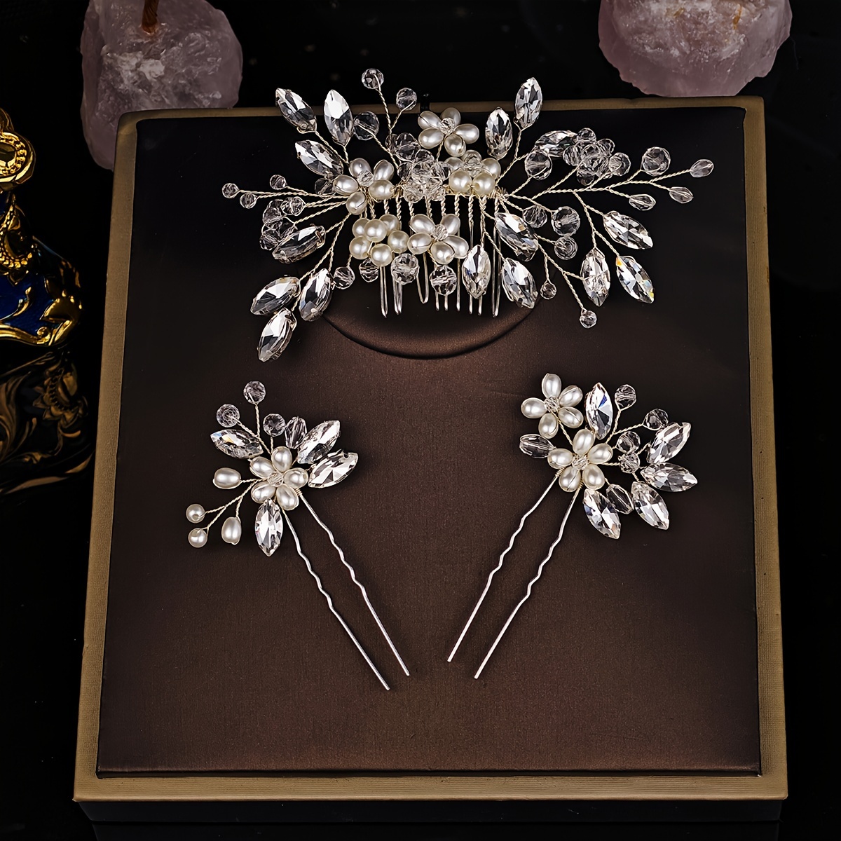 Image of 3pcs Elegant Pearl & Rhinestone Flower Hair Comb Set - Fashionable Bridal & Wedding Accessories, Hand Wash Only