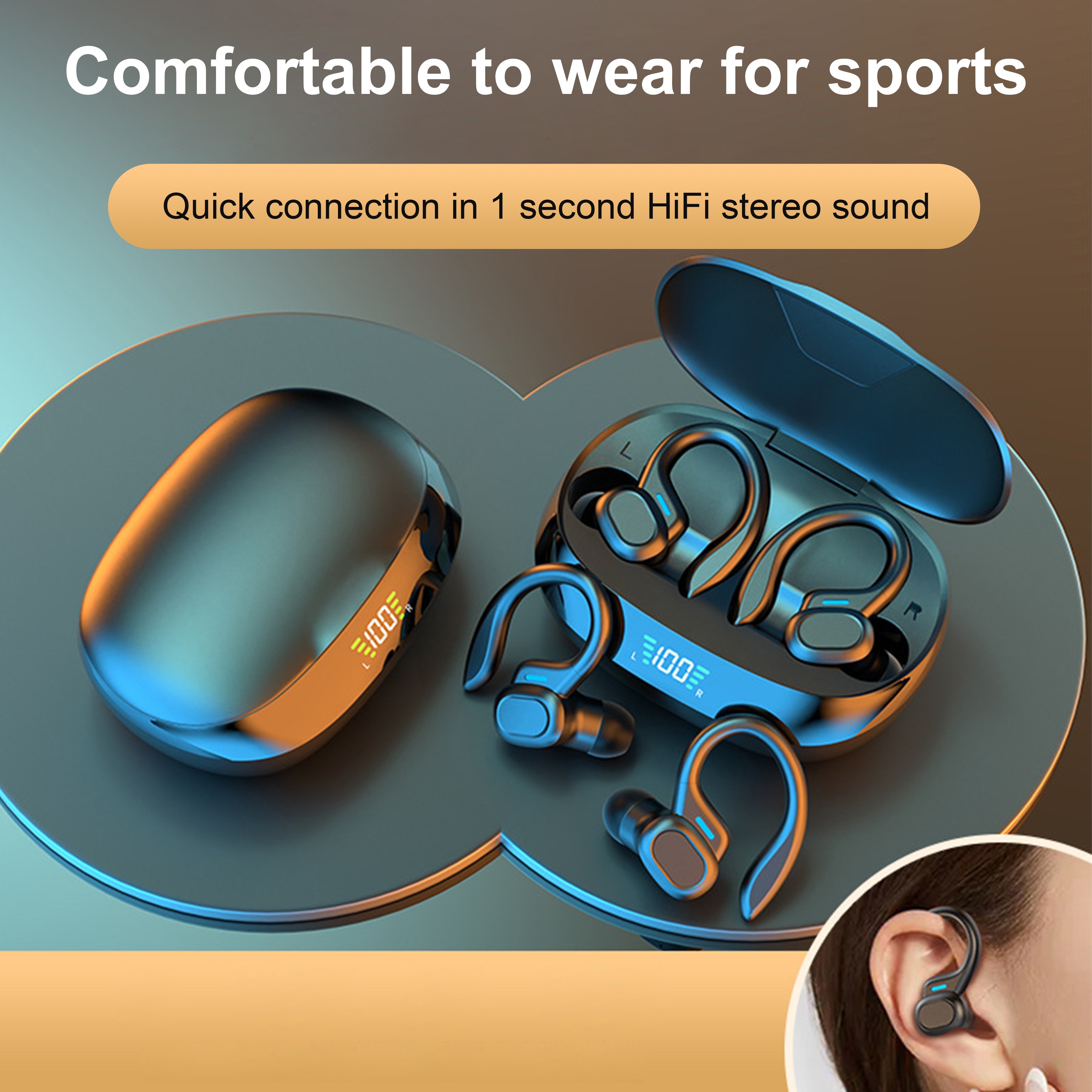 

Wireless Earbuds, Sports Stereo Bass Earphones With Ear Hooks, Led Display, Hifi Sound, Quick Connect, Enc Noise Reduction, Comfort-fit Running & Gym Headphones