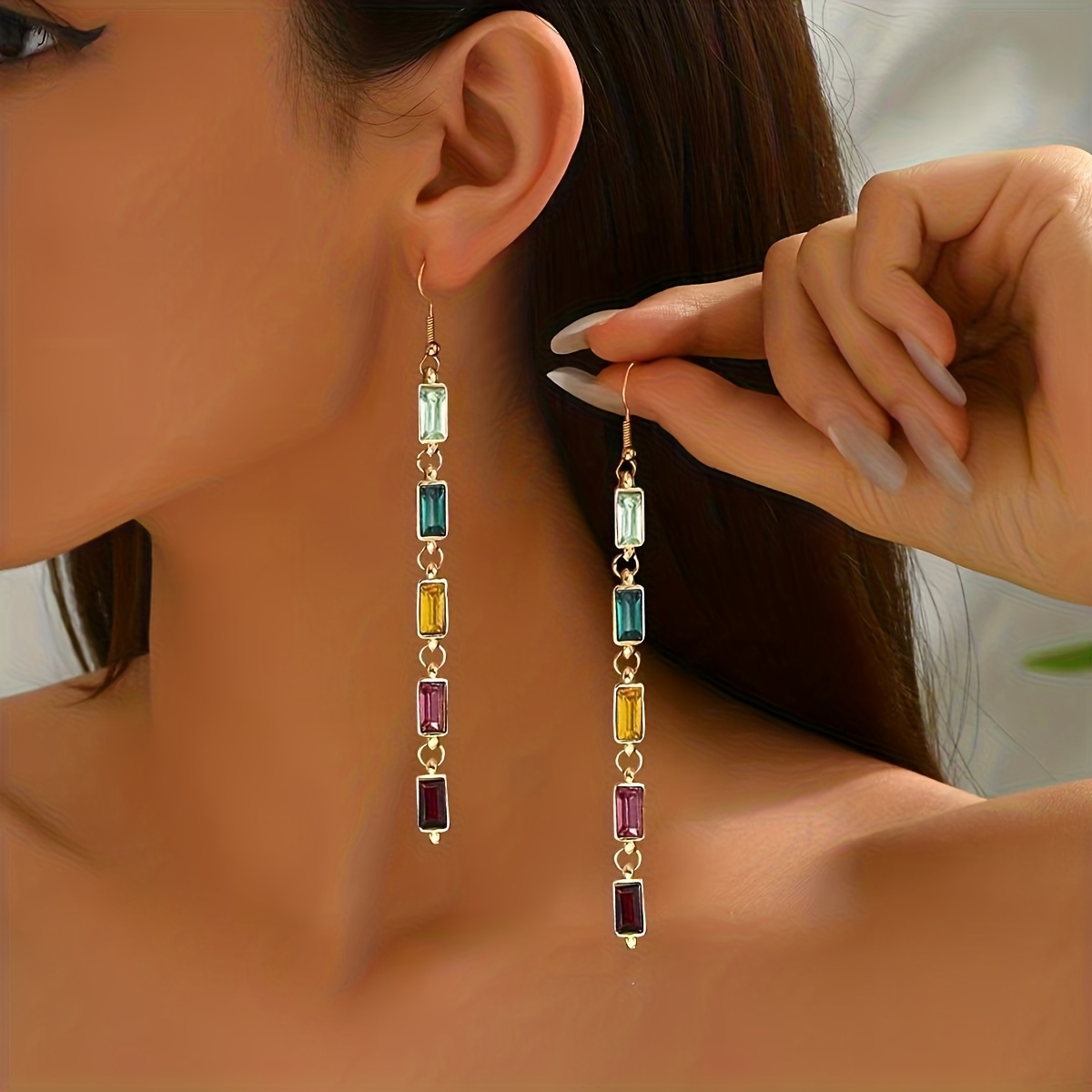 E-shop 1 Paar Damen Herbst Winter Multicolor Rechteckige Strass Quasten Ohrringe, Multicolor Strass Patchwork Design, Geeignet für , Party, Weihnachten