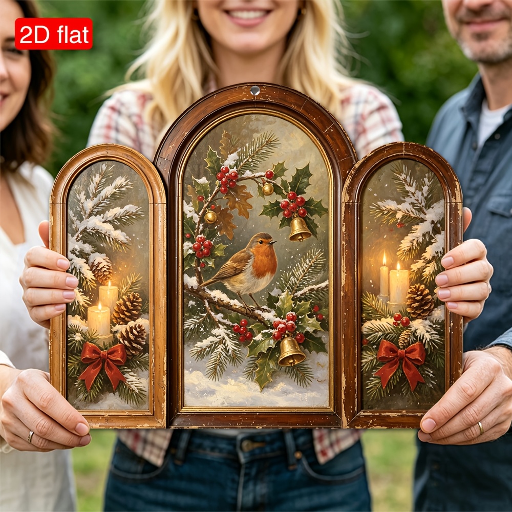 TEMU 2d Flat Triple Arch Brown Wooden Wall Plaque Winter Robin Bird Pine Cone Candle Bell Print Living Room Porch Wall Decor Housewarming Gift