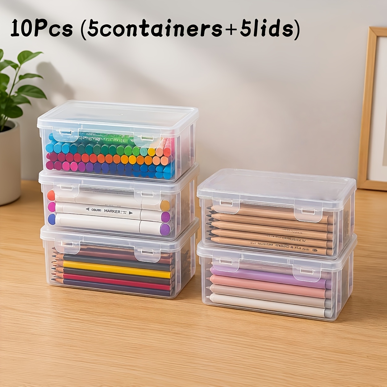 TEMU 10pcs (5pcs Containers And 5pcs Lids) Large Transparent Storage Boxes With Lids - Heavy-duty Organizer, Stackable Containers For Office, Art And