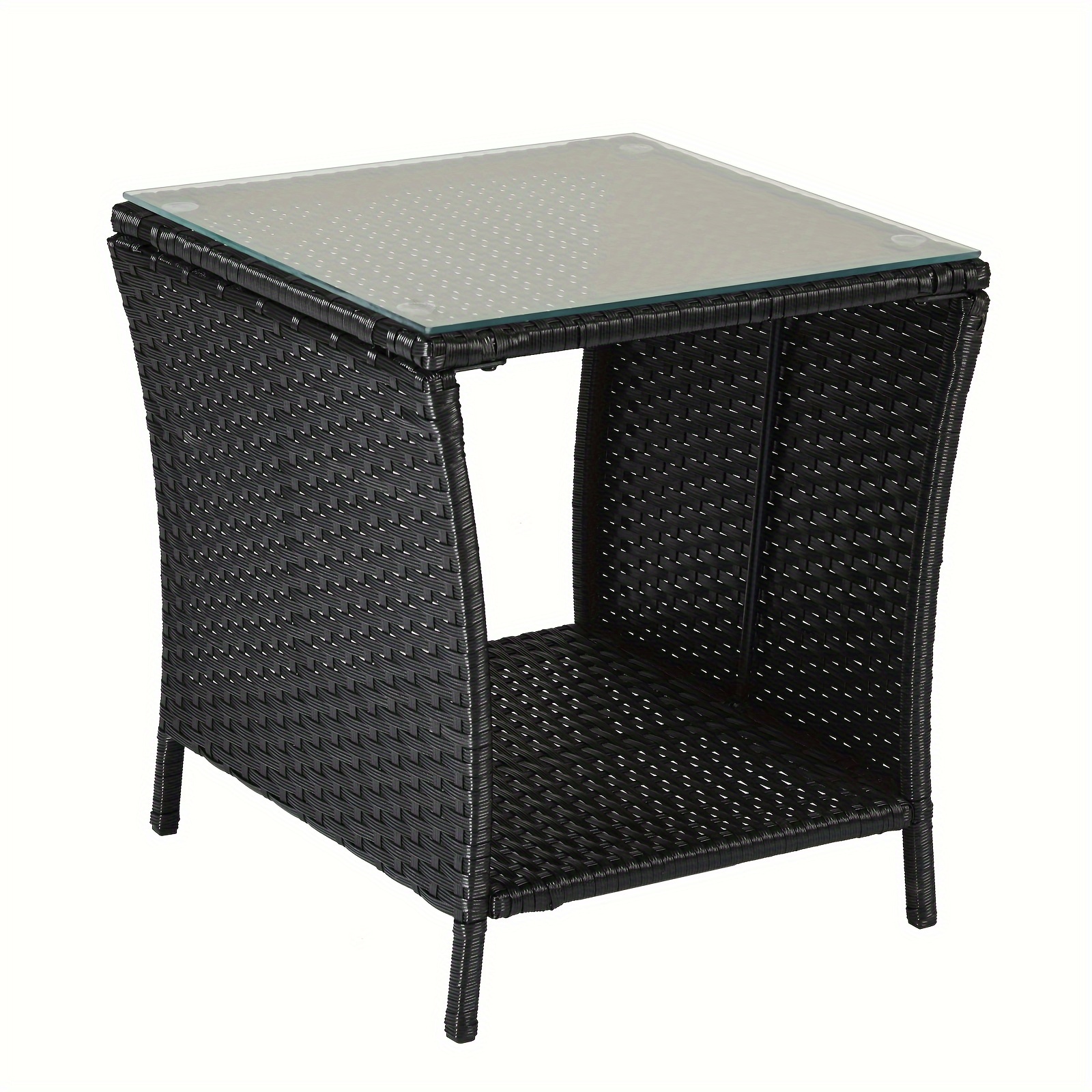 

Outdoor Patio Wicker Side Table, Square End Table Bistro Coffee Table With Glass Top Storage Shelf For Porch Garden Backyard Black