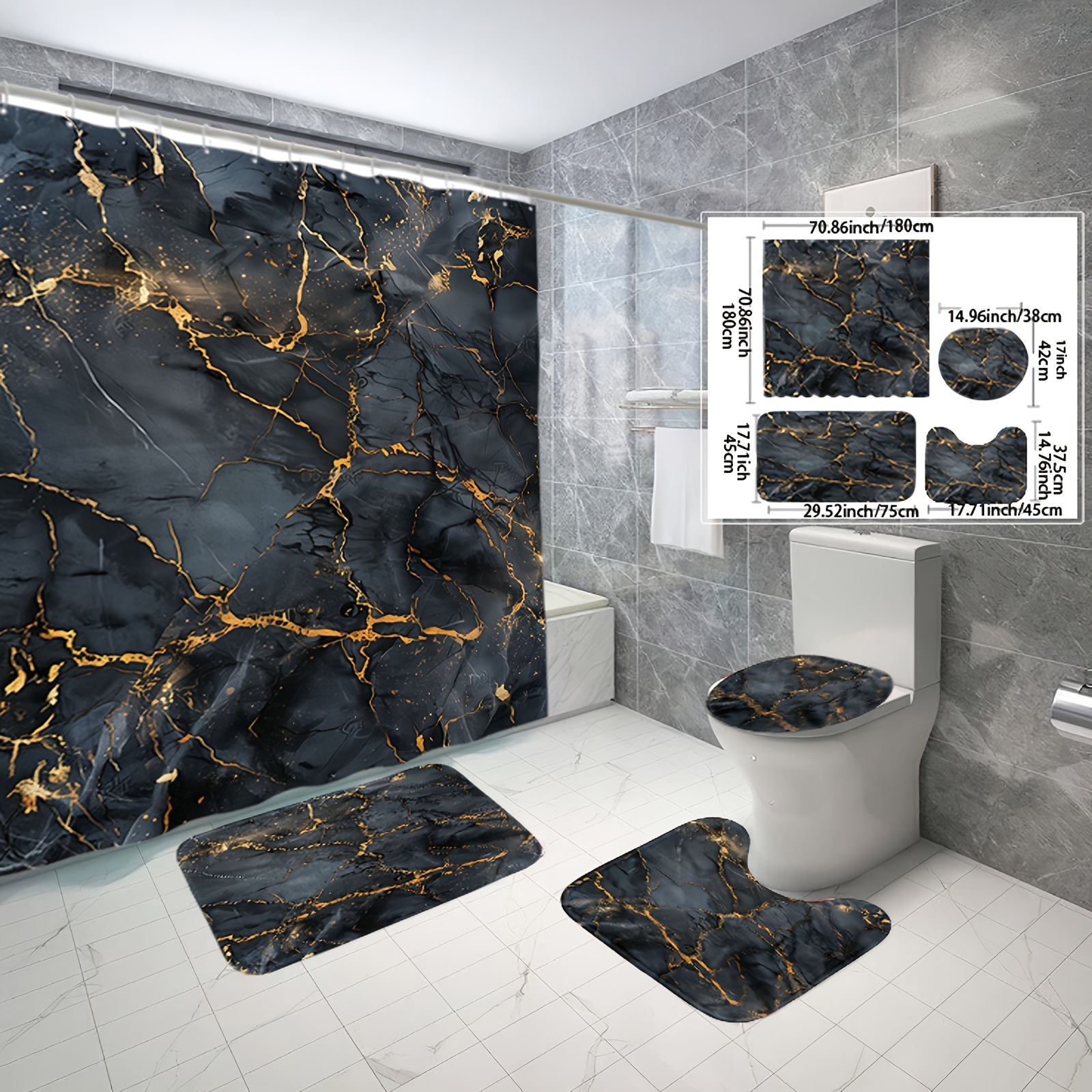 

Black Gold Marble Shower Curtain Set With Non-slip Bath Mat, U-shaped Rug & Toilet Lid Cover - Waterproof Polyester Fabric, Includes 12 Hooks
