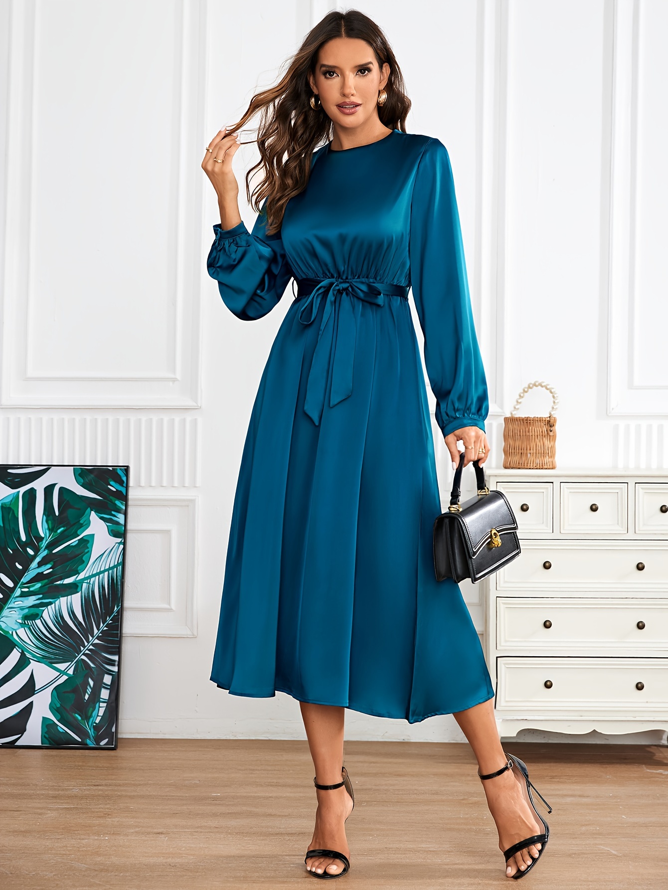 knee length dresses for ladies Long Sleeve Tie Back A-Line Dress, Red / Xs main image 1
