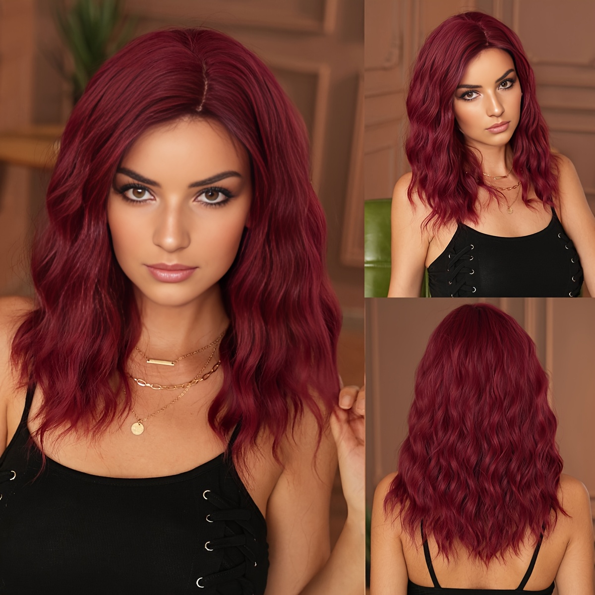 Men's Routine Wigs Shoulder Length Water Wave Dark Red Wigs With Middle Part Fluffy High Density Synthetic Hair Wig