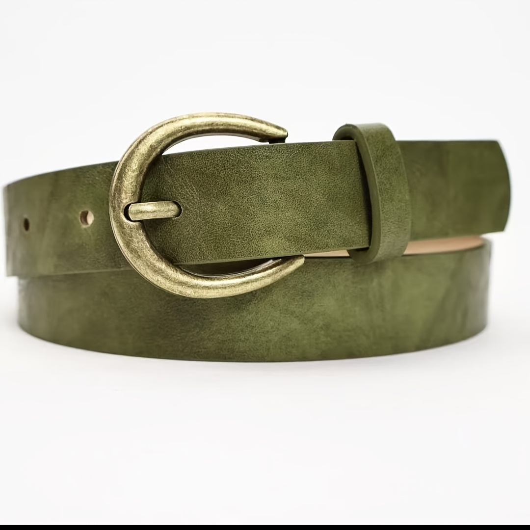 TEMU Women's Belt Easy Retro Olive Green Pu Belt Copper-tone Buckle Niche Design