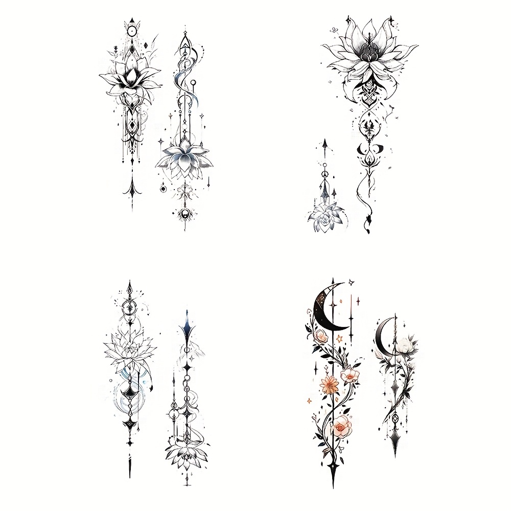 4pcs Hands Henna-style Waterproof Temporary Tattoo Sticker Lotus Mandala Geometric Pattern Body Art Arm Couple Fake Tattoos Sleeve For Women Men Waist Abdomen Shoulders Chest Legs
