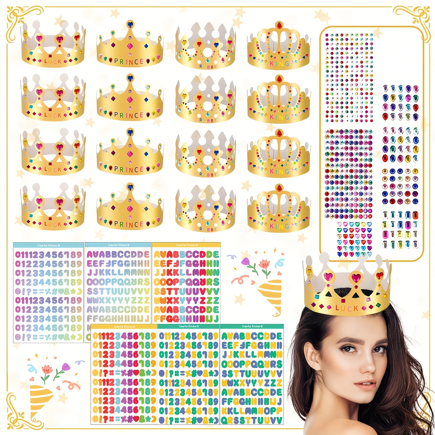33pcs Golden And Stickers Set, Birthday King Crowns, Craft To Decorate , Crown Hats, 20 Golden Crowns And 7 Sheets Gems Stickers And 6 Sheets Letter Stickers, Suitable For Birthday Parties, Halloween