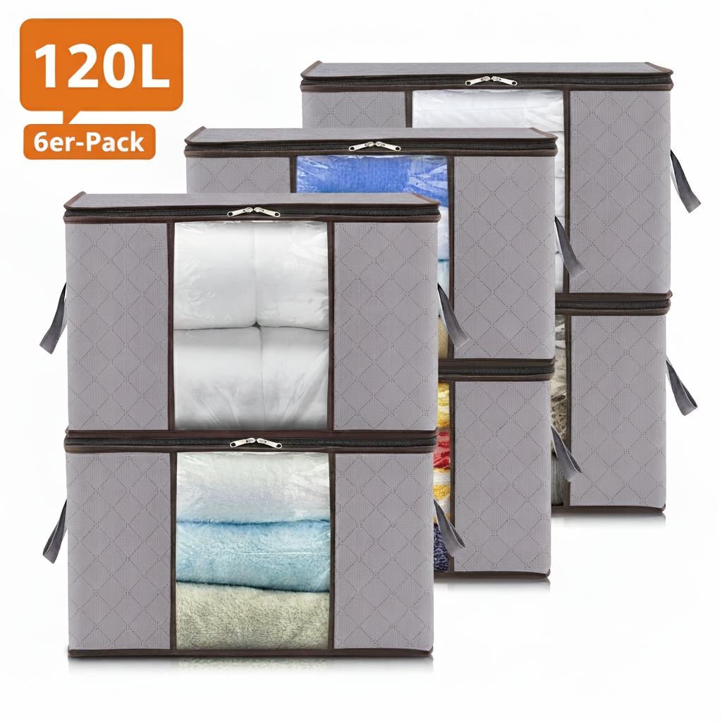 TEMU 6 Pack 60l-90l-120l Storage Bags, Large Clothes Storage Bags With Zips Durable Handles Thick Fabric For Clothes, Bedding, Blankets, Comforters